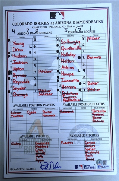 Kirk Gibson Autographed 5/14/2008 Lineup Card