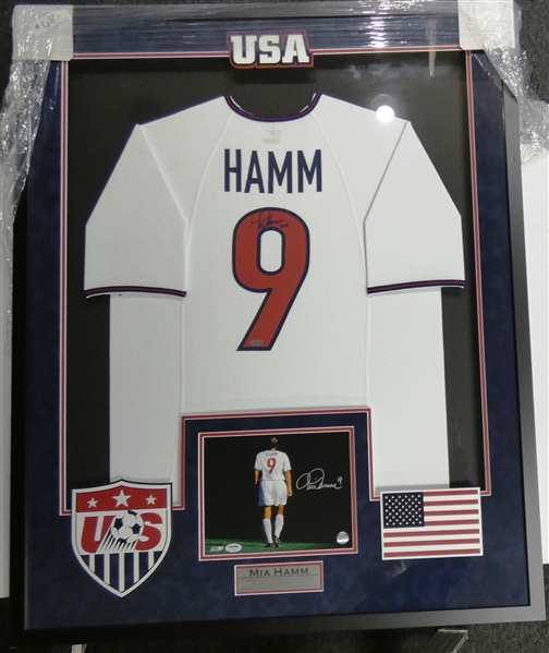 Mia Hamm Autographed Framed Jersey & Photo (Pick up only)