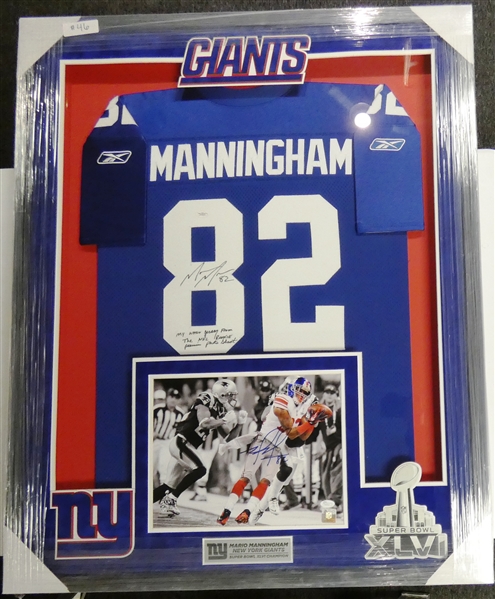 Mario Manningham Worn & Autographed Framed Jersey & 11x14 (Pick up only)