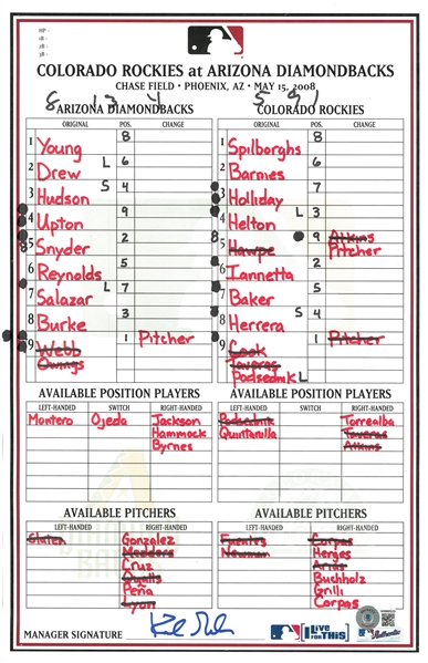 Kirk Gibson Autographed 5/15/2008 Lineup Card