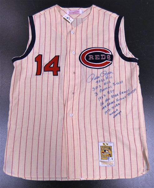 Pete Rose Autographed Multi Inscribed Reds Mitchell & Ness Jersey