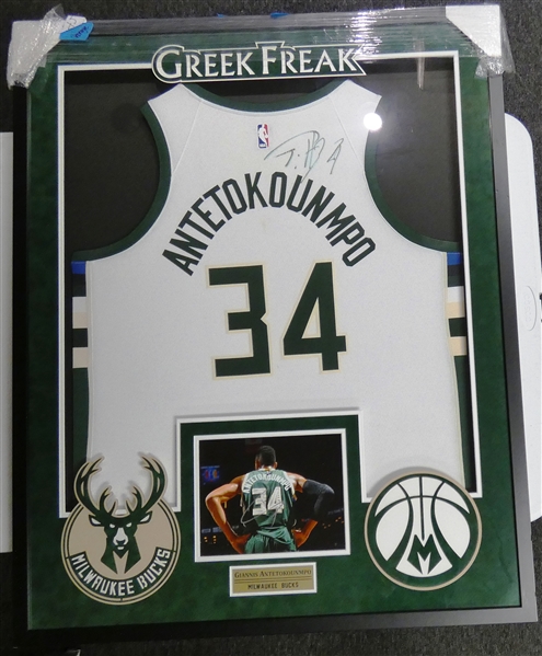 Giannis Antetokounmpo Autographed Framed Bucks Jersey (Pick up only)