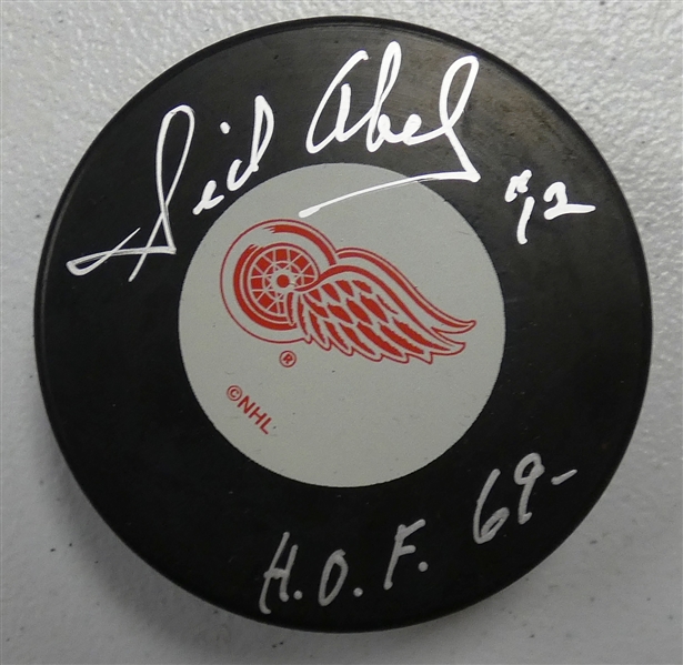 Sid Abel Autographed Red Wings Puck w/ HOF