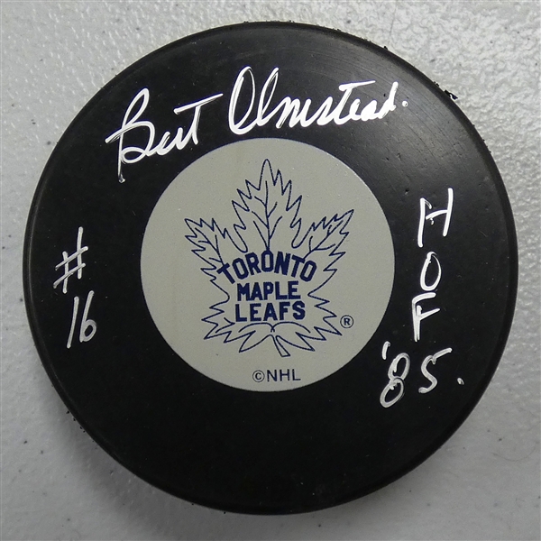 Bert Olmstead Autographed Maple Leafs Puck