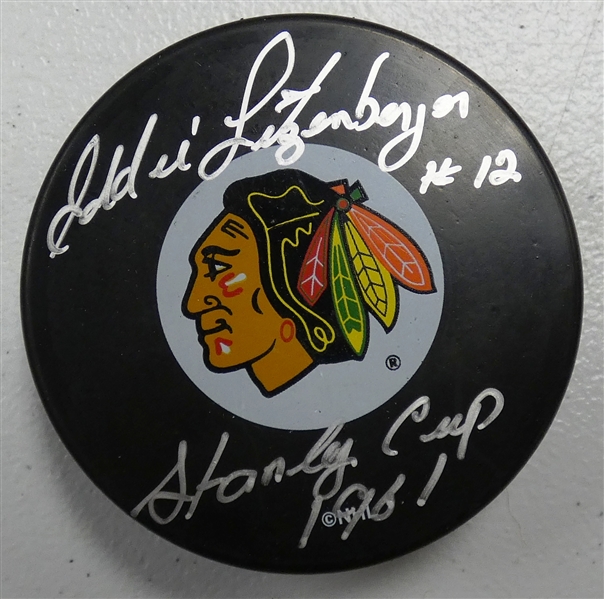 Eddie Litzenberger Autographed Blackhawks Puck
