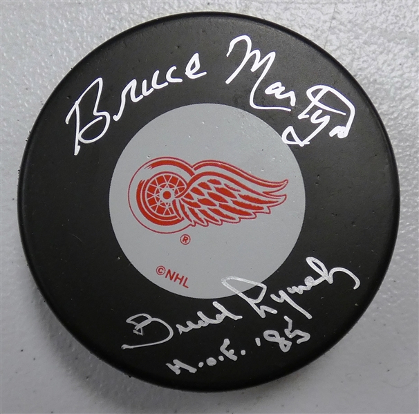 Bruce Martyn & Budd Lynch Autographed Red Wings Puck
