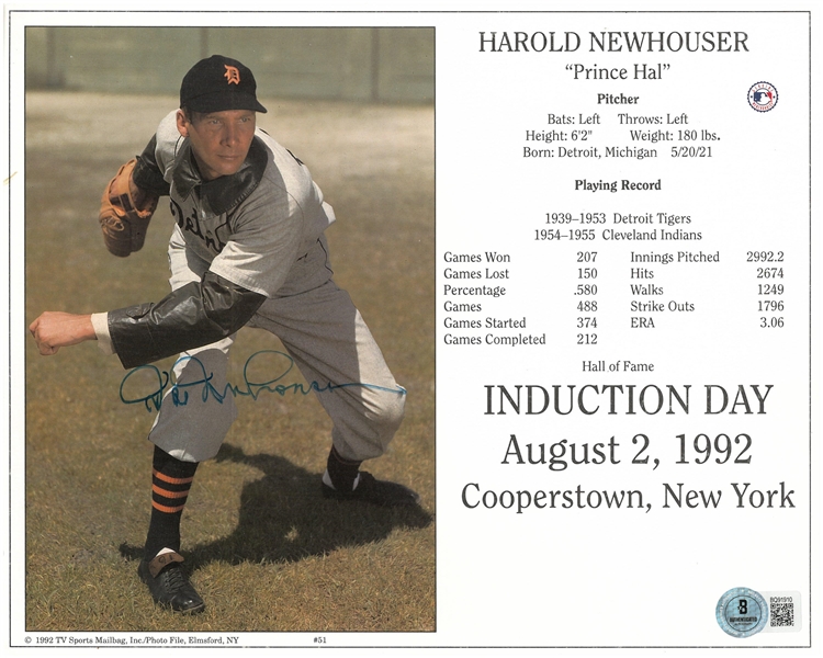 Hal Newhouser Autographed 8x10 Induction Card