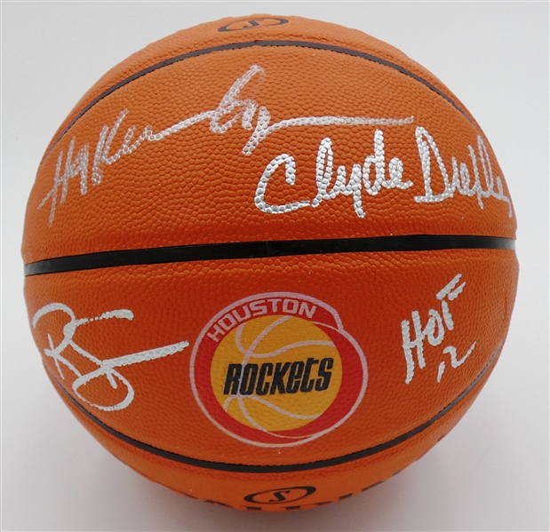 Rockets Basketball Autographed by Olajuwon, Drexler & Sampson