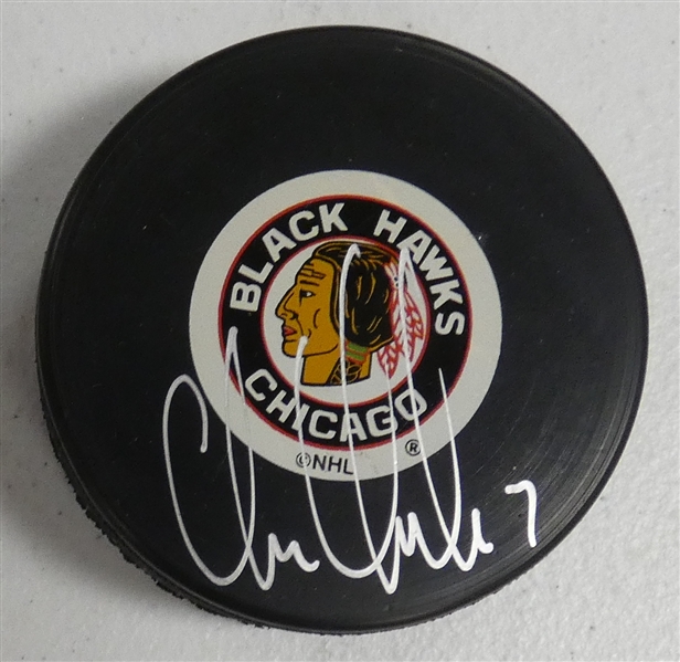 Chris Chelios Autographed Blackhawks Puck
