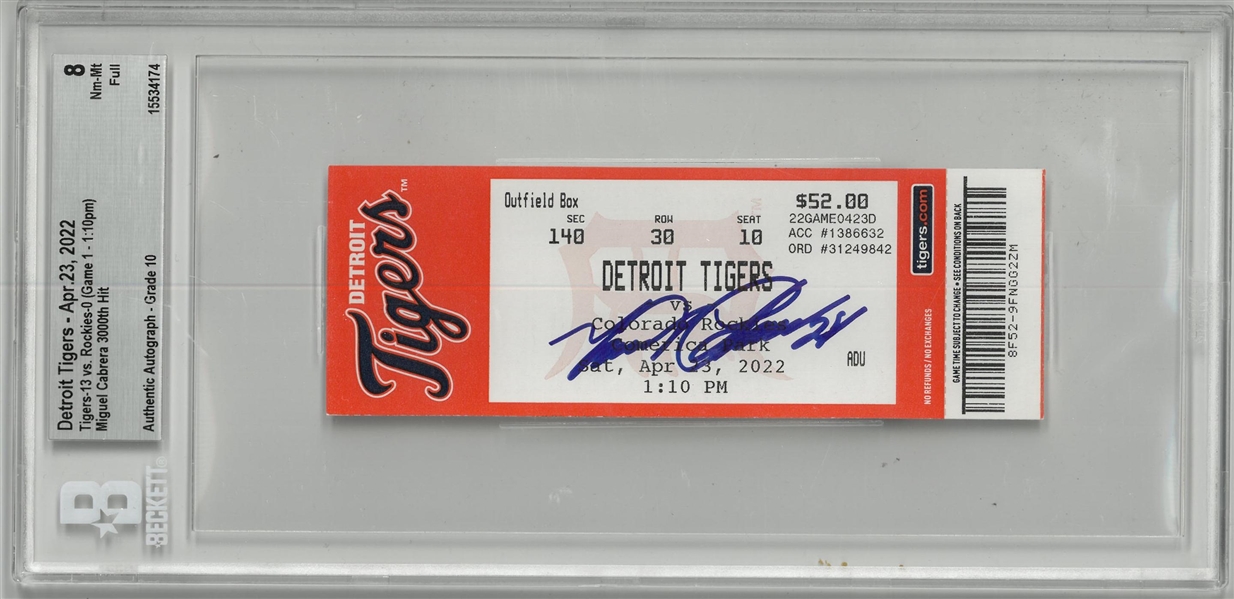 Miguel Cabrera Autographed 3000th Hit Ticket Beckett 8 + 10 Auto