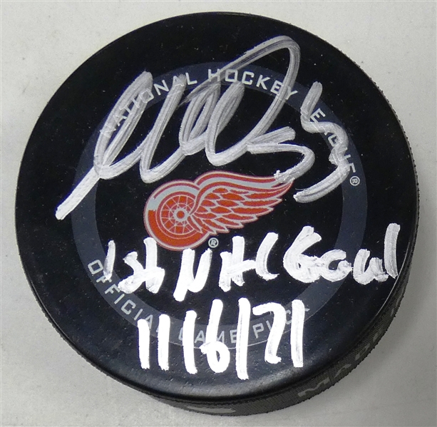 Moritz Seider Autographed Red Wings Puck w/ 1st Goal