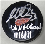 Moritz Seider Autographed Red Wings Puck w/ 1st Goal