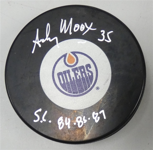 Andy Moog Autographed Oilers Puck