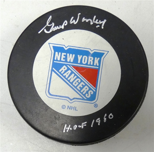 Gump Worsley Autographed Rangers Puck