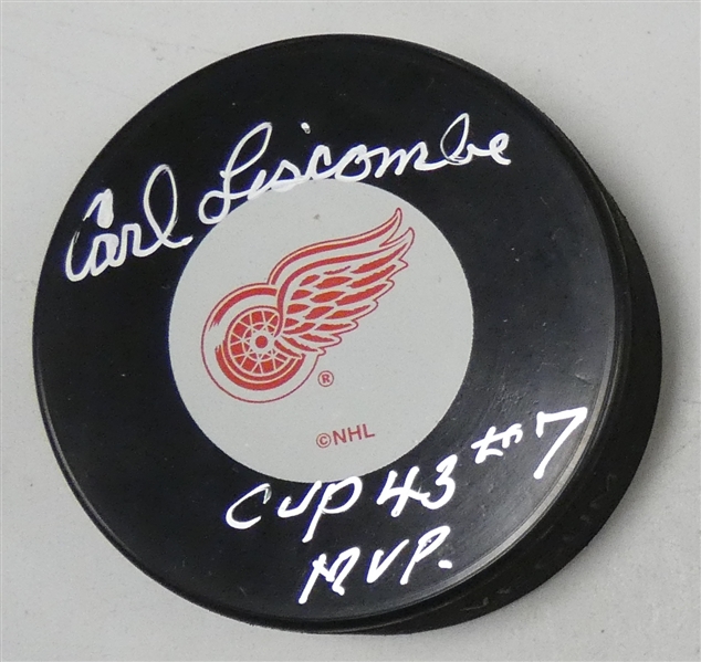Carl Liscombe Autographed Red Wings Puck