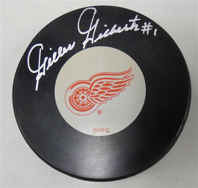 Gilles Gilbert Autographed Red Wings Puck