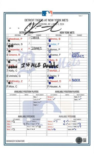 Colt Keith Autographed 1st MLB Double Lineup Card