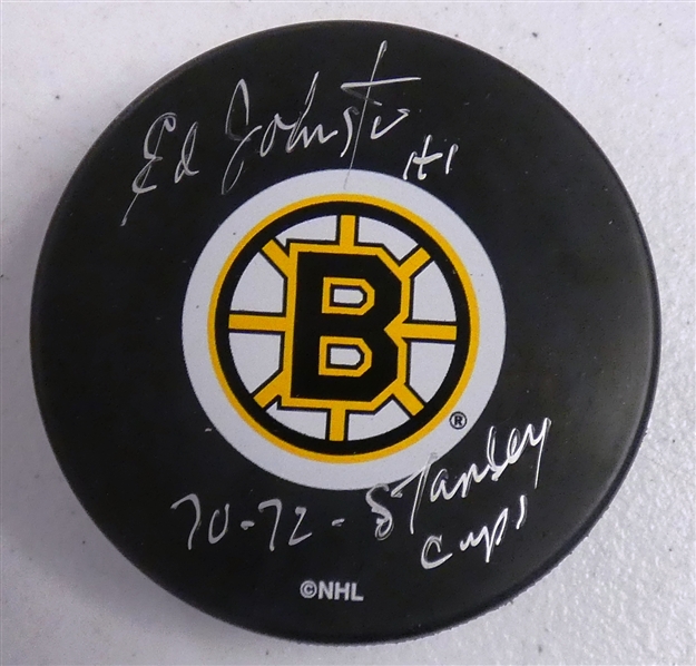 Eddie Johnston Autographed Bruins Puck