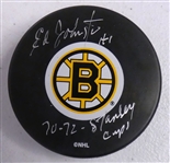 Eddie Johnston Autographed Bruins Puck