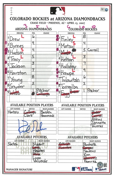 Kirk Gibson Autographed 4/13/2007 Lineup Card