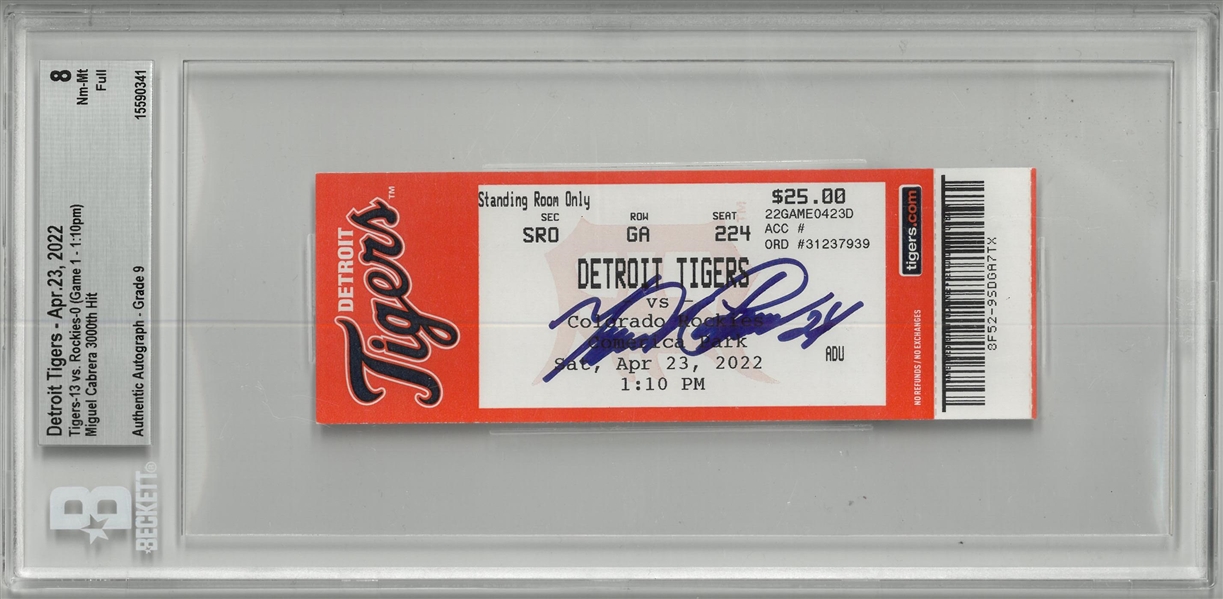 Miguel Cabrera Autographed 3000th Hit Ticket Beckett 8 + 9 Auto