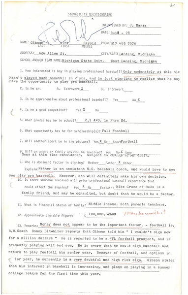 Kirk Gibson Original 1978 Signability Questionnaire by Jim Martz