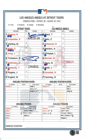 Spencer Torkelson & Riley Greene Autographed 8/28/2024 Lineup Card