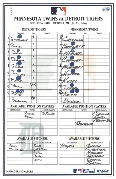 Detroit Tigers July 1, 2007 Lineup Card