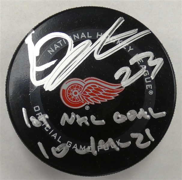 Lucas Raymond Autographed Red Wings Puck w/ 1st Goal