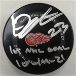 Lucas Raymond Autographed Red Wings Puck w/ 1st Goal