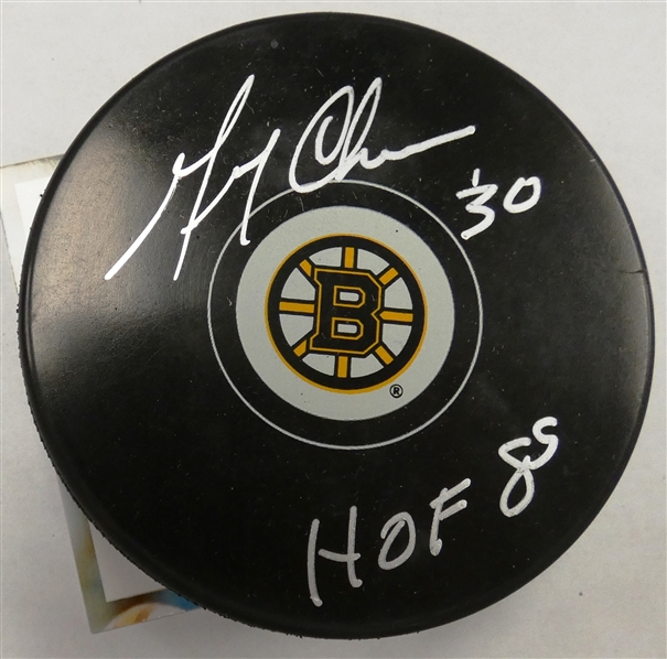 Gerry Cheevers Autographed Bruins Puck w HOF