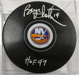 Bryan Trottier Autographed Islanders Puck w HOF