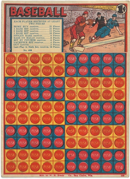 Baseball 1 Cent Punch Board Gambling Display Card Candy Payouts