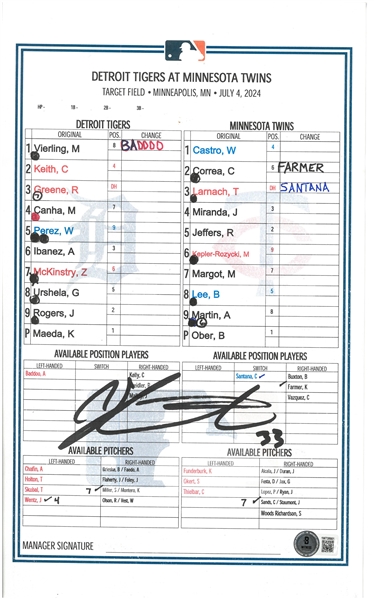 Colt Keith Autographed 7/4/2024 Lineup Card