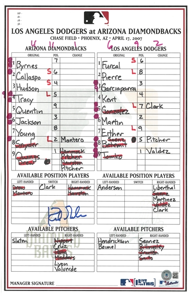 Kirk Gibson Autographed 4/17/2007 Lineup Card