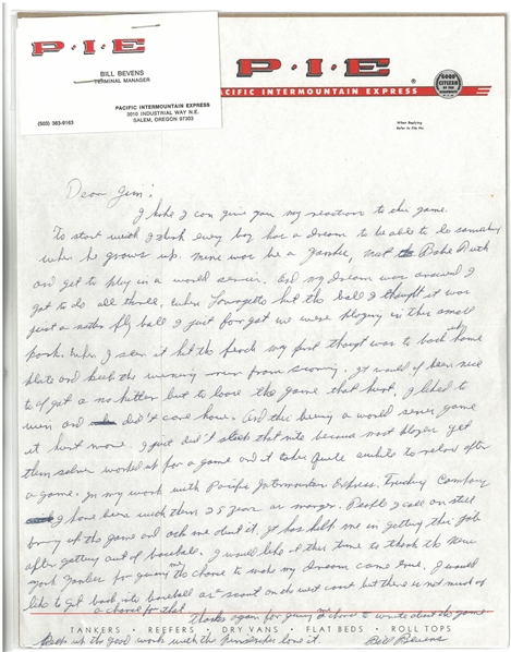 Bill Bevins Hand Written & Signed Letter