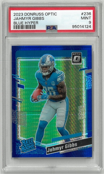 Jahmyr Gibbs PSA 9 2023 Donruss Optic Blue Hyper