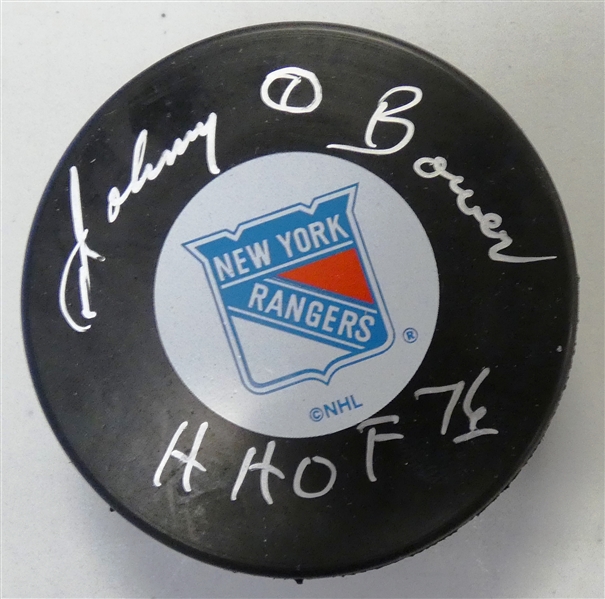 Johnny Bower Autographed Rangers Puck
