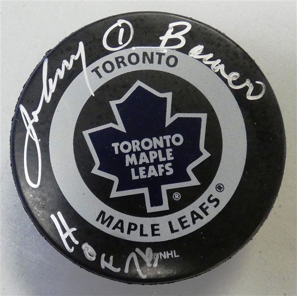 Johnny Bower Autographed Maple Leafs Puck