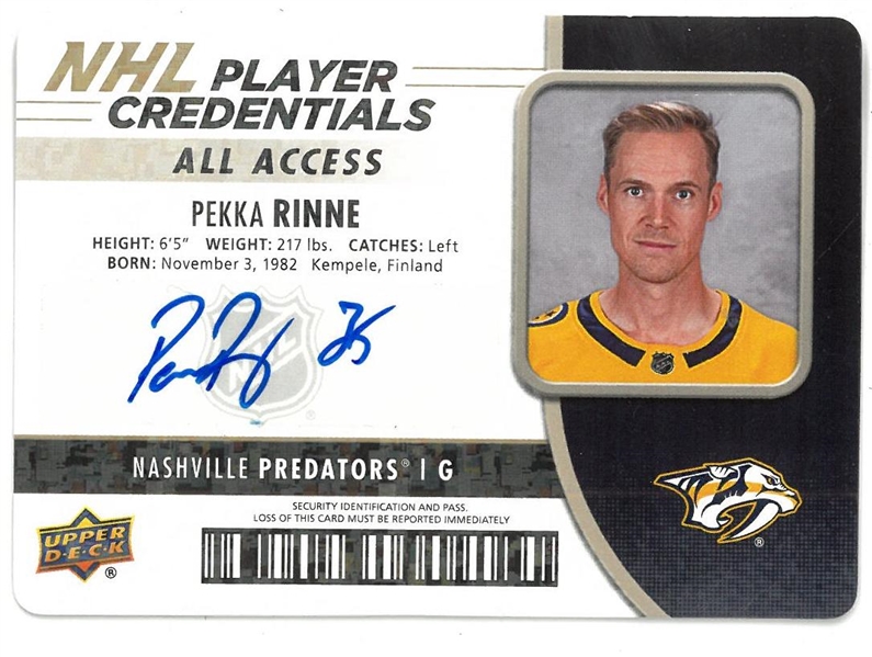 Pekka Rinne Autographed Player Credentials