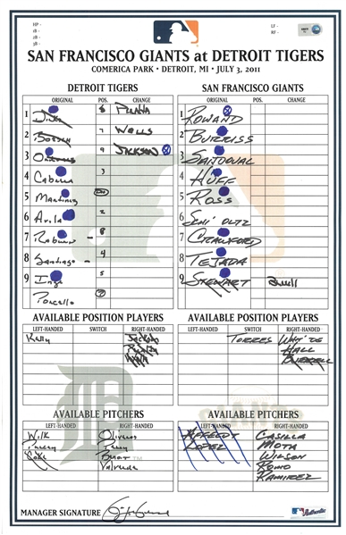 Detroit Tigers July 3, 2011 Line Up Card From Dugout