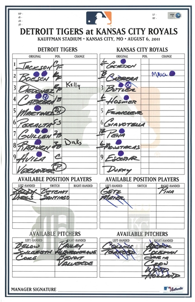 Detroit Tigers August 6, 2011 Line Up Card From Dugout