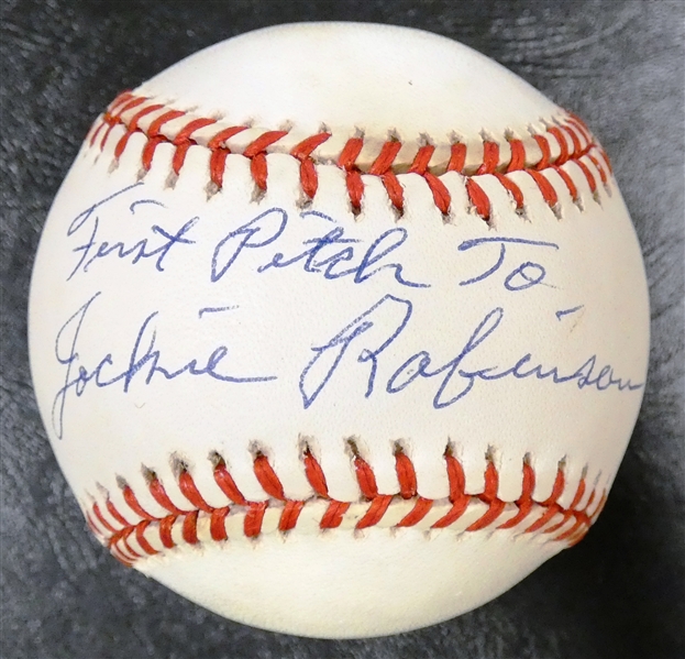 Johnny Sain 1st Pitch to Jackie Robinson Autographed Baseball
