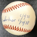 Johnny Vander Meer Autographed Baseball w/ B2B No Hitter Dates