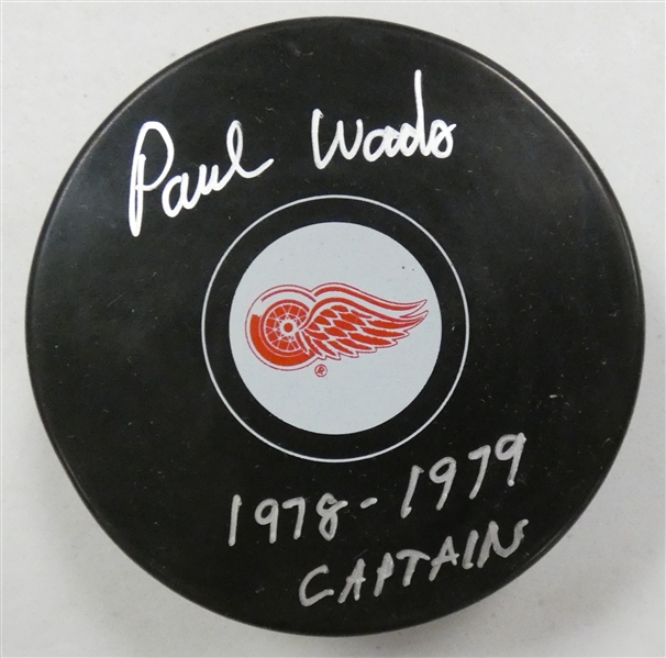 Paul Woods Autographed Red Wings Puck w/ Captain