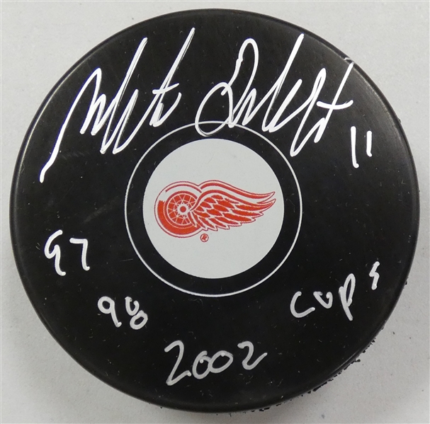 Matthieu Dandenault Autographed Red Wings Puck w/ Cups