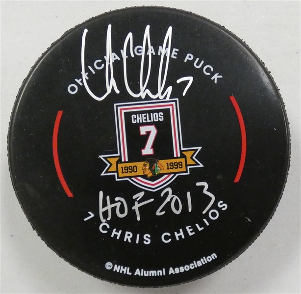 Chris Chelios Autographed Blackhawks Jersey Retirement Puck