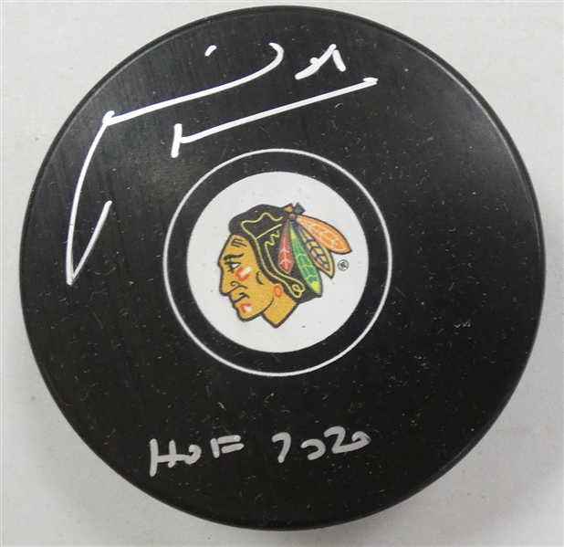 Marian Hossa Autographed Blackhawks Puck w/ HOF