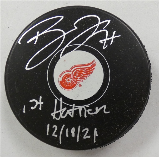 Dylan Larkin Autographed Red Wings Puck w/ 1st Hat Trick