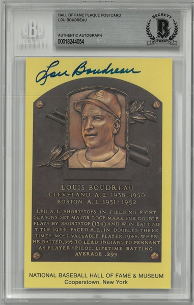 Lou Boudreau Autographed Hall of Fame Plaque Postcard